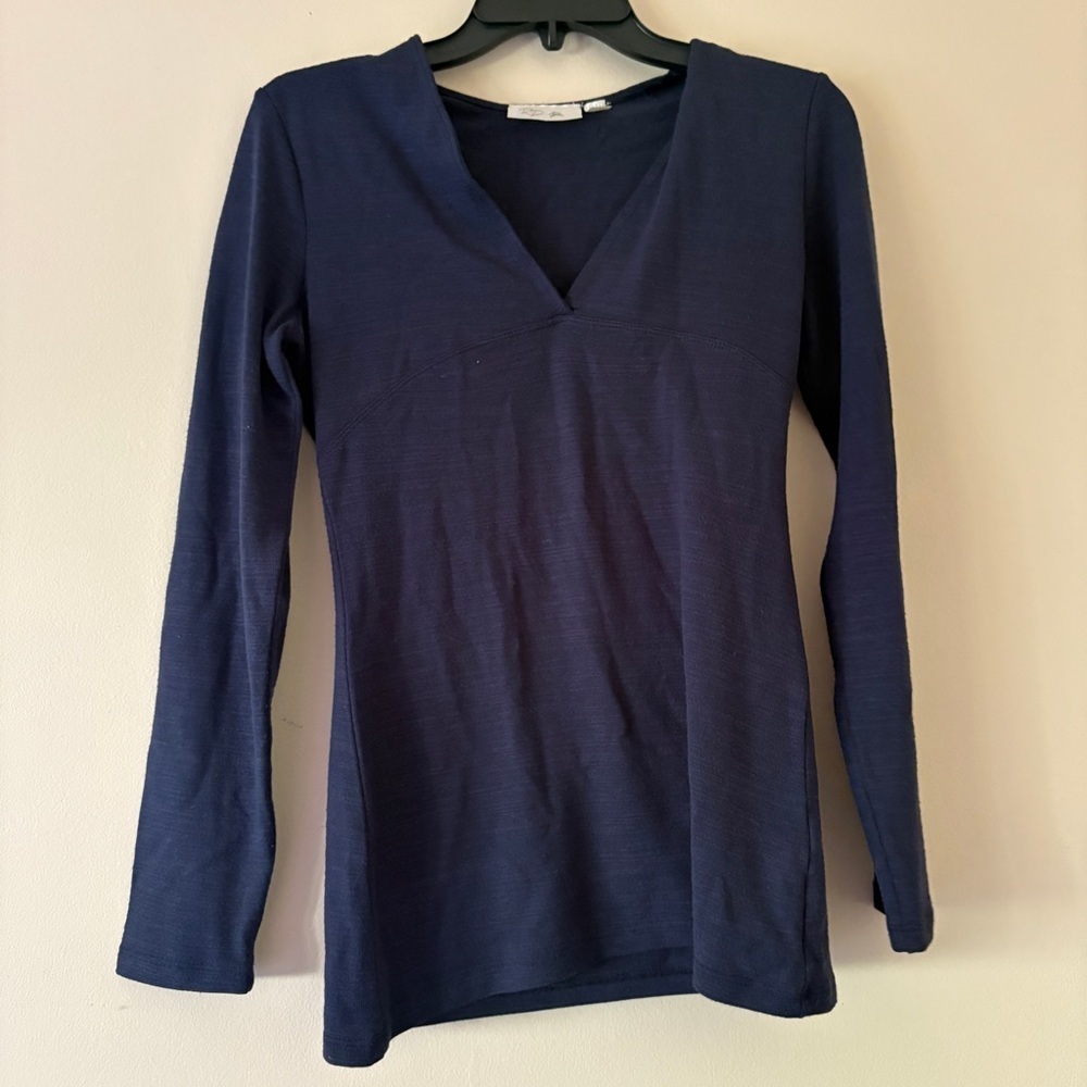 RD Style S Navy Deep V Neck Empire Waist Long Sleeve Stretch Knit Top